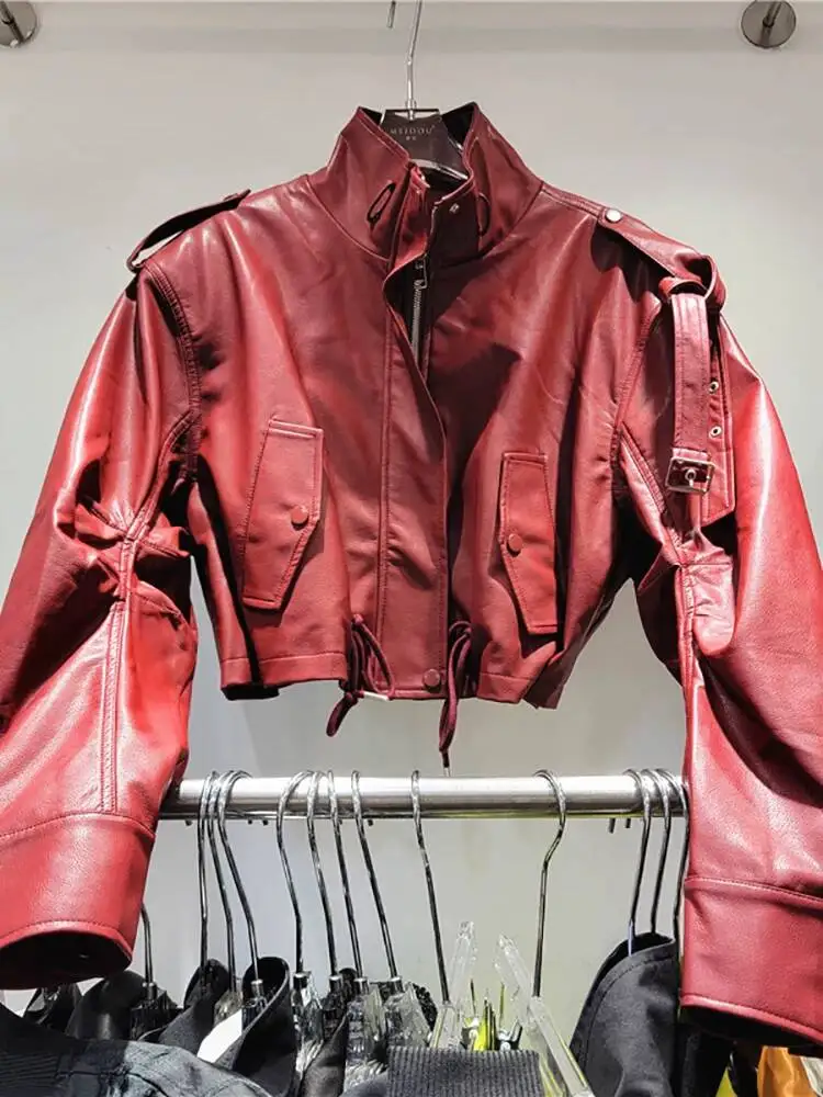 2026 Damen Vintage Rote Kunstleder Cropped Jacke Lässige Vielseitige Oberbekleidung Schicke Motorrad-Kurzjacke Modische Damenjacke