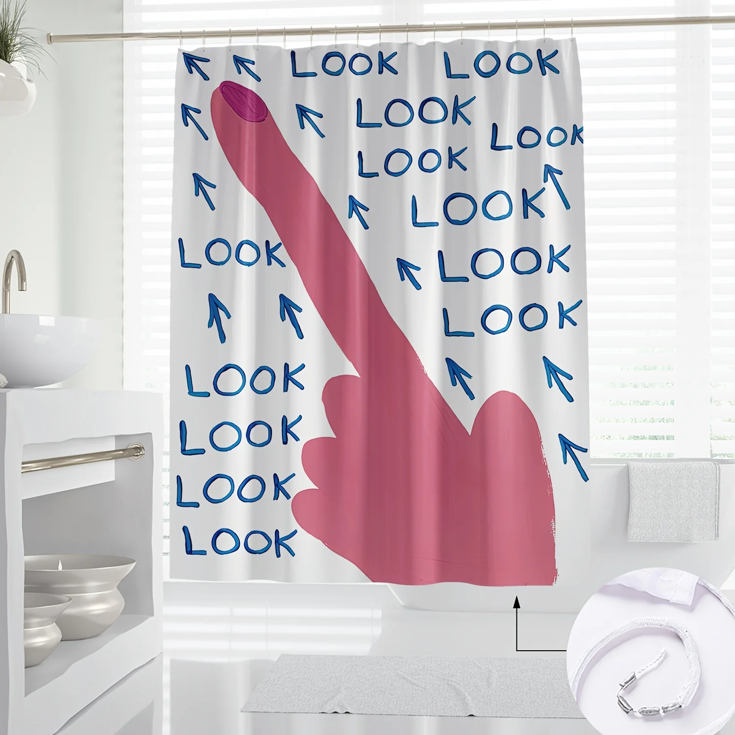 

1 шт. Винтажная занавеска для душа в ванной комнате с игривым дизайном «ГРУЗКА» — розовая мультяшная рука и синие стрелки, полиэстер, машина