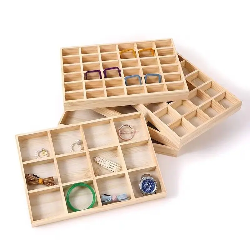 

All Wood Jewelry Display Tray Living Room Clutter Stacking Counter Pendant Bracelet Earrings Solid Wood Multi Grid Storage Box