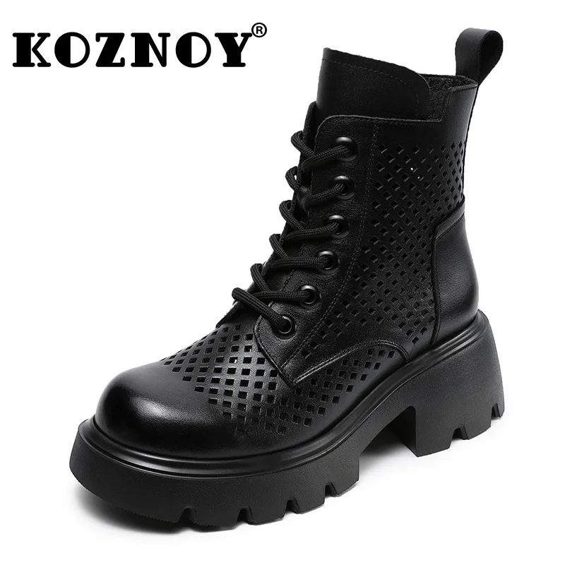 

Koznoy 6cm Cow Genuine Leather Women Platform Wedge Hollow Sandals Slippers Mary Jane Flats Zip Flats Summer Shoes Luxury