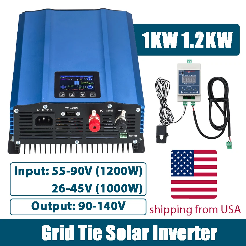 1KW 1.2KW Grid Tie Solar Inverter Battery Discharge DC 24V 26-45V/48V 55-90V PV Panels Input to AC 110V With LCD Limiter