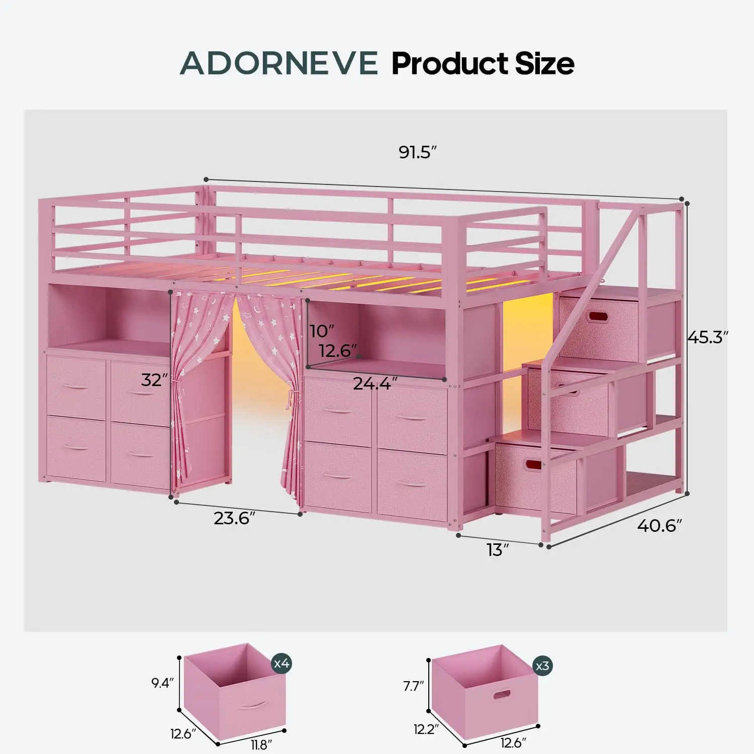 Low Loft Bed Twin Size with Stairs & Privacy Curtain, Pink | 11 Storage Drawers, 2 Open Bookshelf, LED Lights,, Customized