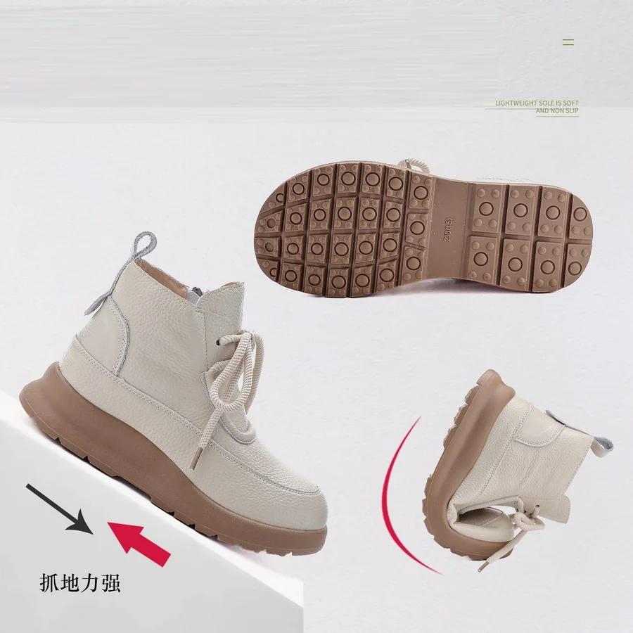 New real cow leather boots women\'s winter waterproof plush shoes ladies lace up flats furry ankle boots woman warm snow shoes