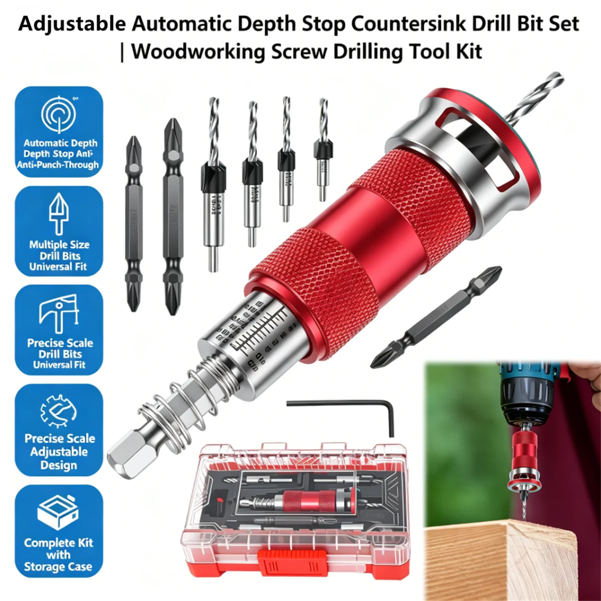 

5PCS Woodworking Limit Four Edge Countersink Bit Alloy Head Cone-Hole Drill Adjustable Depth Step Drill Hidden Screw Countersink