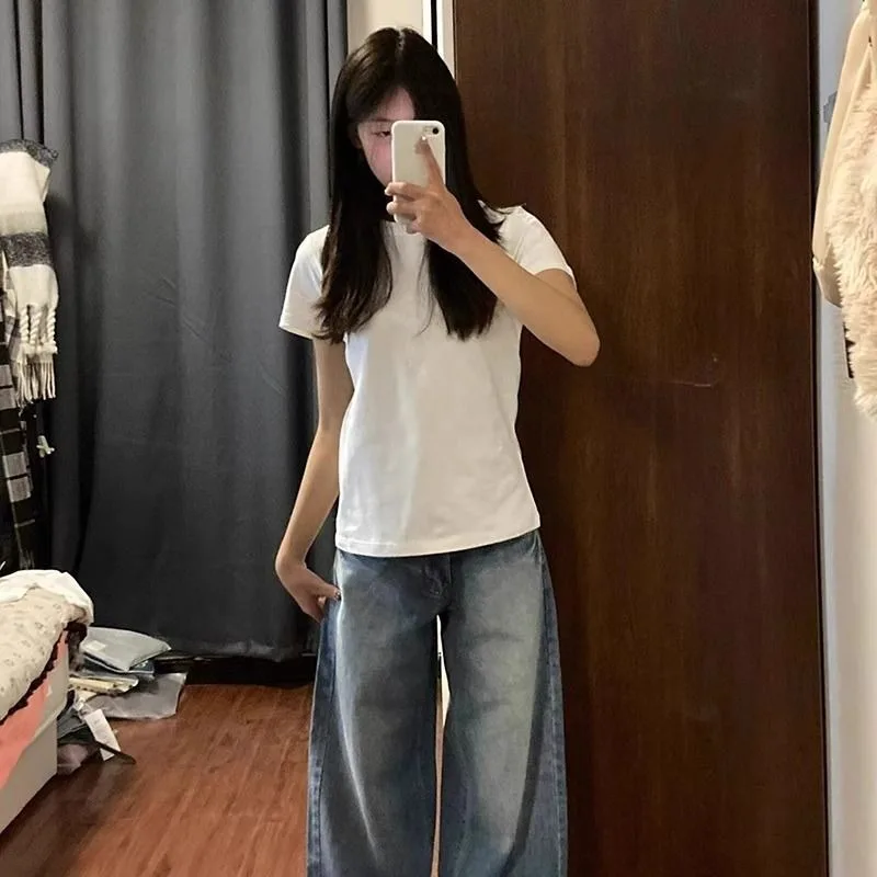 

Женская футболка из чистого хлопка с короткими рукавами, базовый летний внутренний слой, облегающий простой универсальный топ