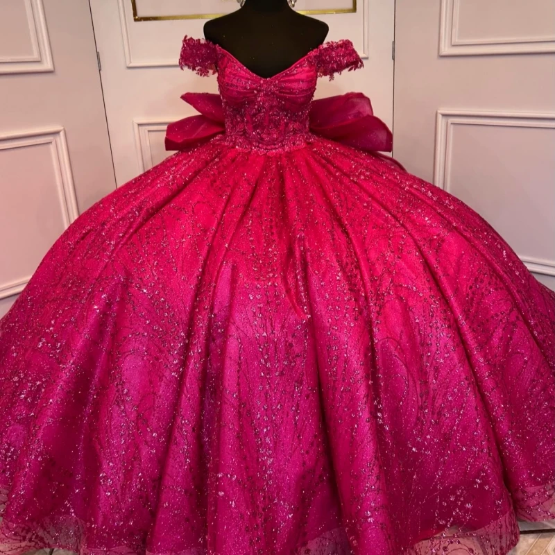 

Rose Red Shiny Quinceanera Dresses Ball Gown Off The Shoulder Sequin Beading Crystal Bow Corset Tiered Tull Party Birthday Sweet
