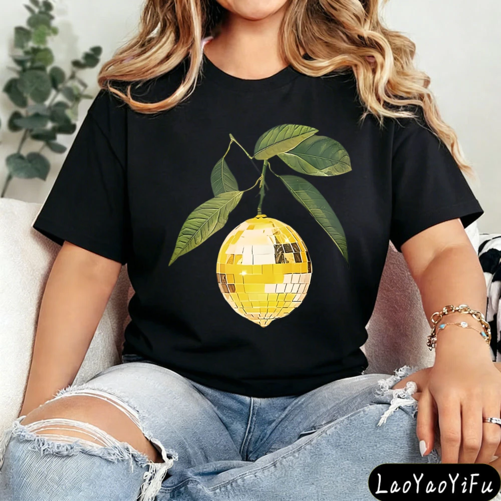 Lemon Disco Light Sphere Graphic Print T-Shirt Vibrant Citrus Design Women Shirt Parties Modern and Trendy Clothing Cotton Tops