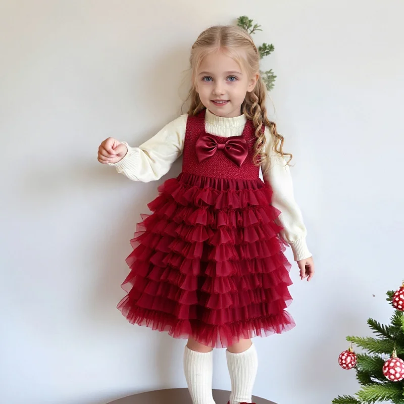 

Girls' Red Dress New Style Children's Princess Dress Mesh Dress Cake Dress Bow Sleeveless Tank Dress