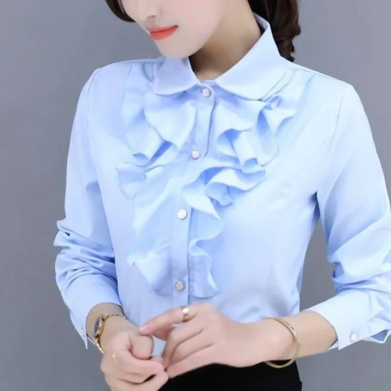 2023 Autumn Clothes Office Lady Turn Down Collar Button Ruffles Solid Slim Shirt Fashion Long Sleeve Women\'s Pullover Blouse