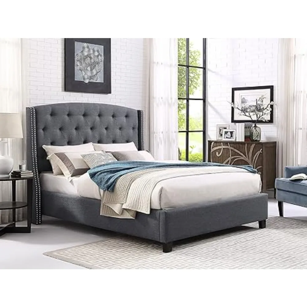 Nantarre Fabric Tufted Wingback Upholstered Bed with Nailhead Trim