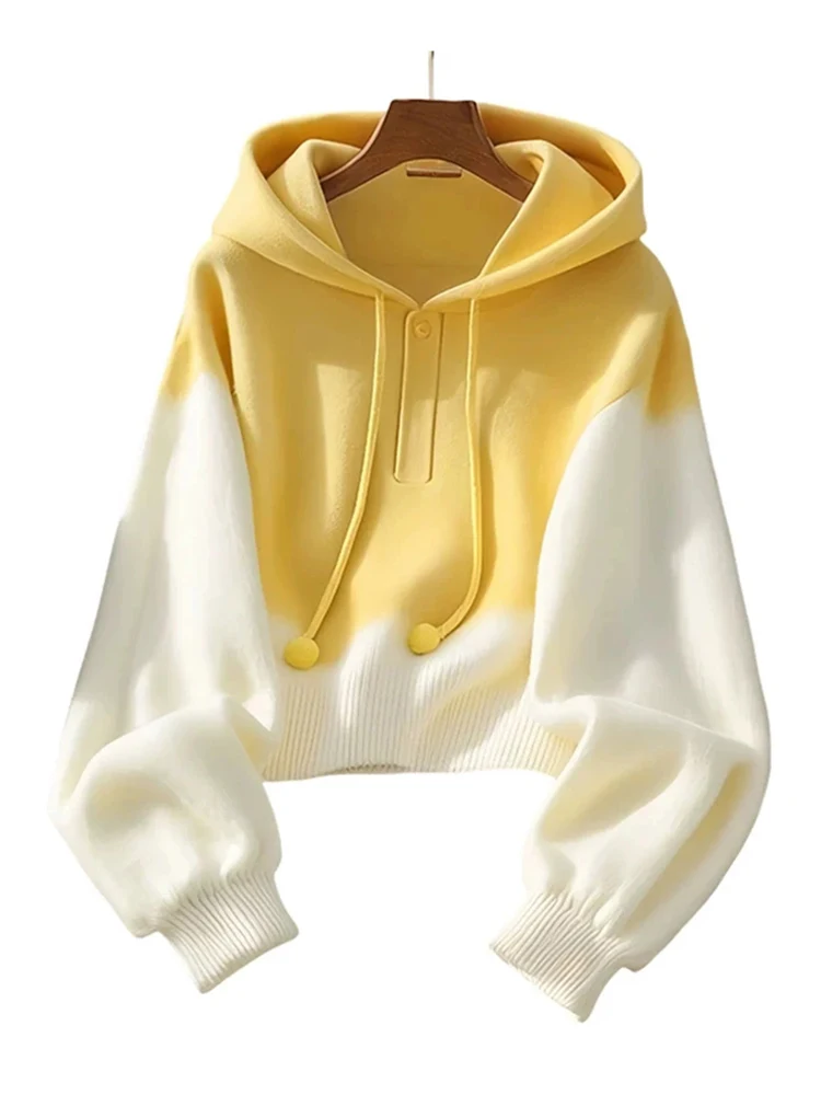 Hooded Sweaters Women Pullover Yellow Gradient Knitwear Jumper Fashion Simple Classic 2026 Sweater Autumn Winter New