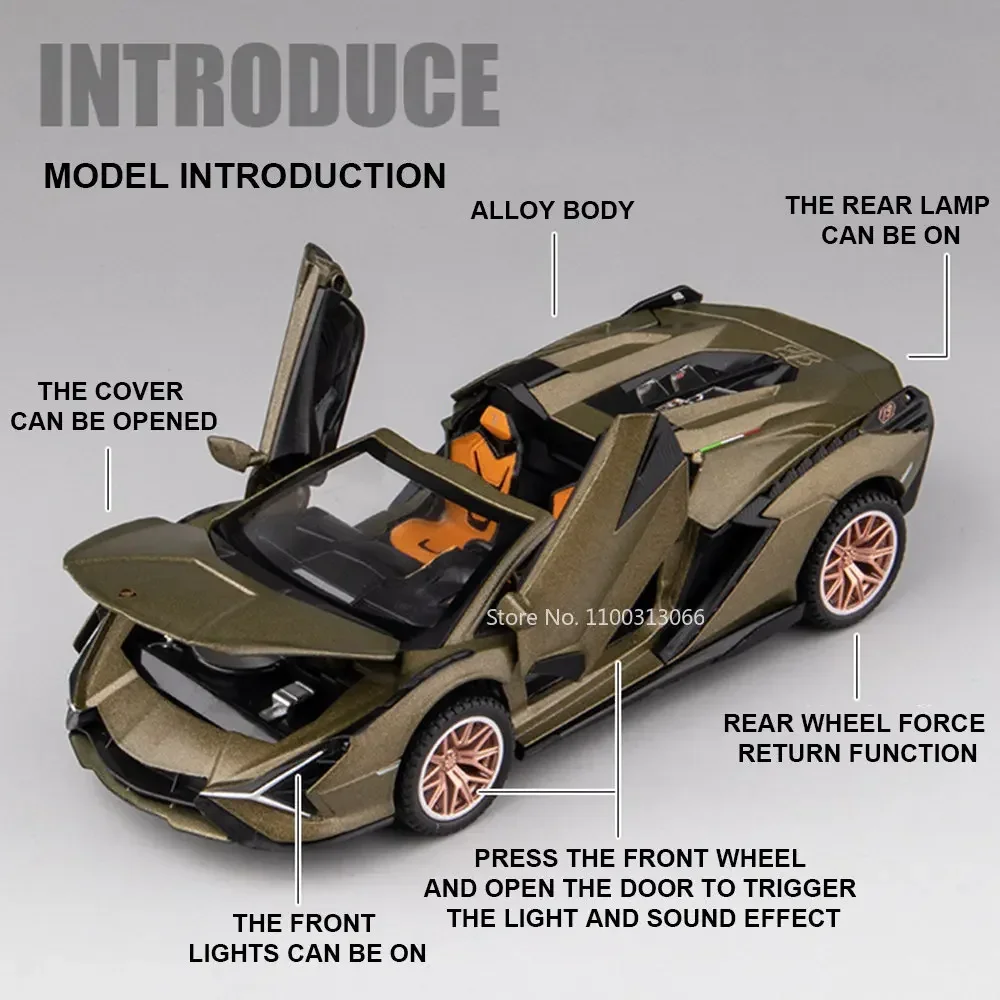 1:32 Sián Roadster Sports Car Model Toys Alloy Diecast Vehicles Sound Light Doors Opened Pull Back Supercars for Children Gifts