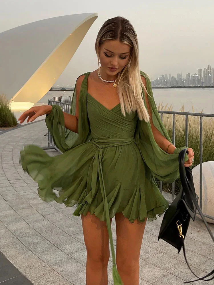 HH Female Chic Summer Chiffon Cut Out Backless Lace Up Mini Dress Woman Elegant Long Sleeve  Beach Vacation Dresses Mujer