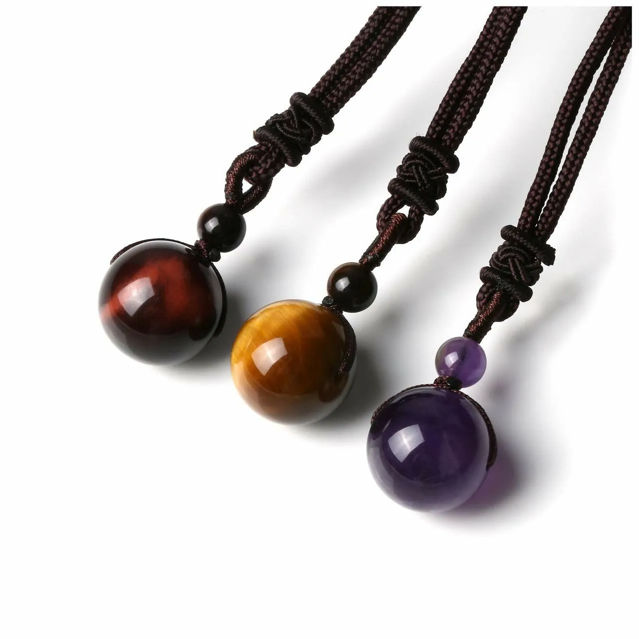 Vintage Tiger Eye Stone Necklace Lucky Pendant Natural Obsidian Transit Beads for Women/Men Rope Chain Round Obsidian