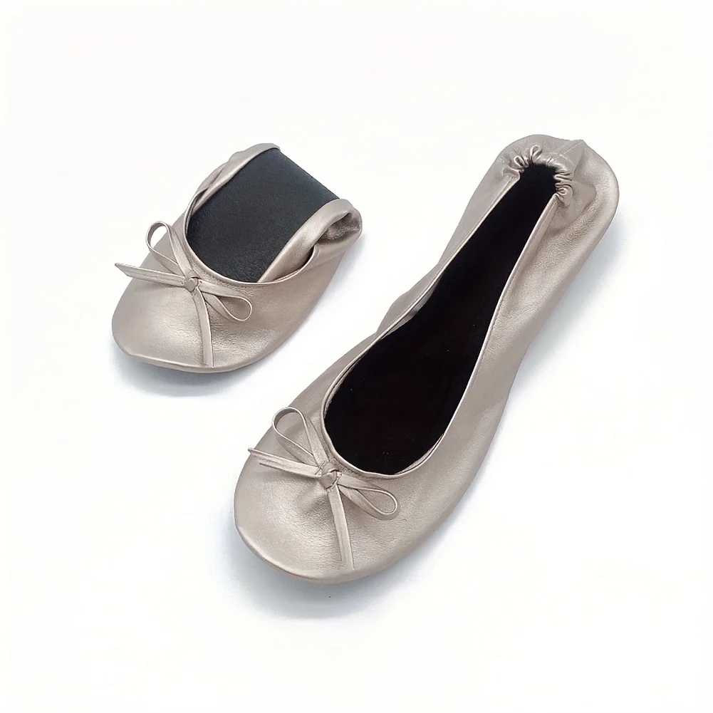 Rollable Women's Ballet Flats with Bowknot, Soft Sole Wedding Shoes, Comfy Dancing Shoes with Purse Bag