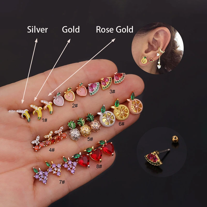 

1 Piece Helix Ear Needle Colorful Crystal Fruit Earrings Small Cute Cherry Pineapple Grape Stud Earrings for Women Jewelry Gift