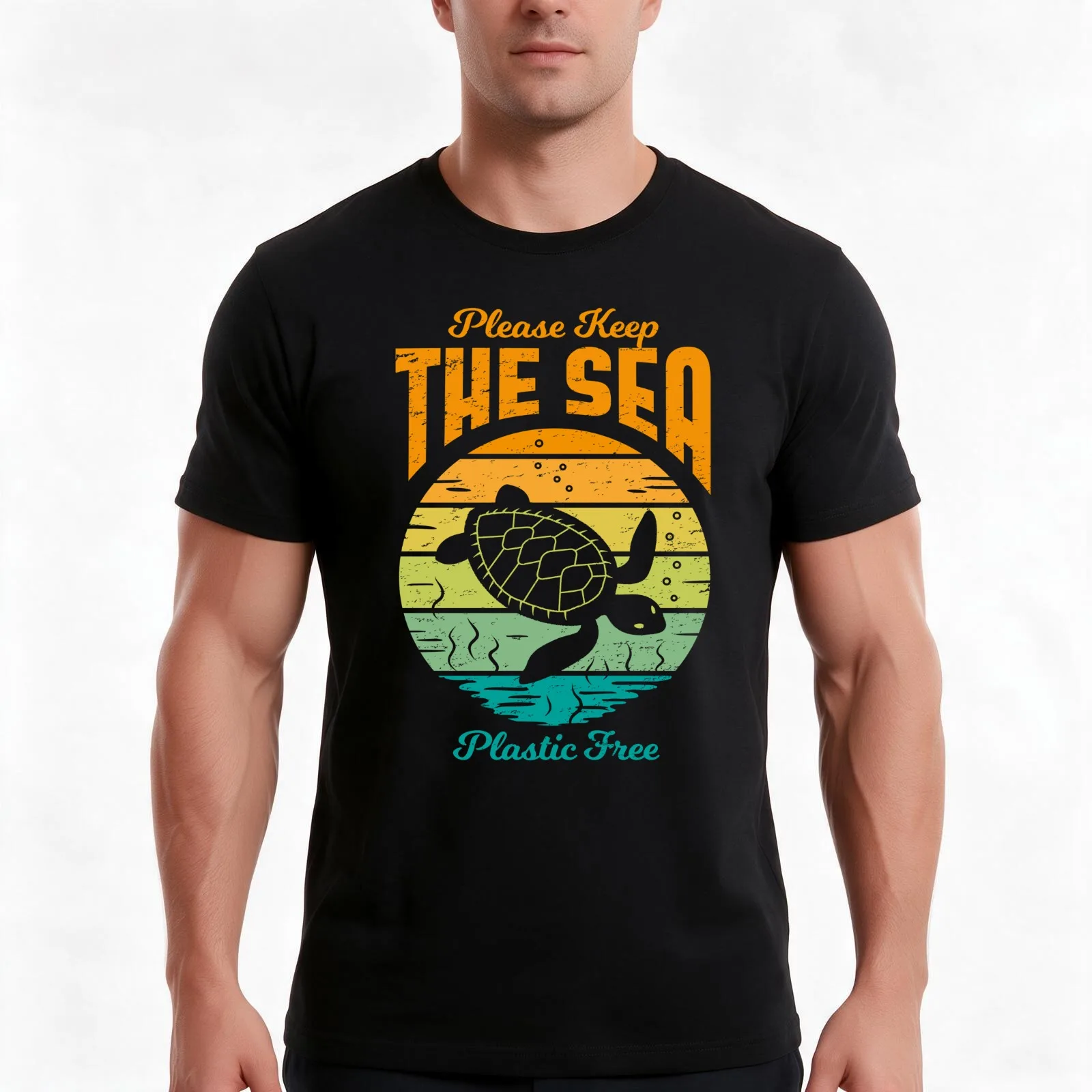 Please Keep the Sea Plastic Free - Retro Turtle T-Shirt, Summer Casual Cotton Tee, Oversized Streetwear Tops, Unisex Men Women