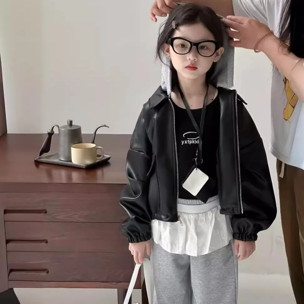 

Coat Loose Autumn Children Hooded Removable Leather Clothing Loose Coat Leather Jacket Tops Simple 2025 Cool Open Stitch