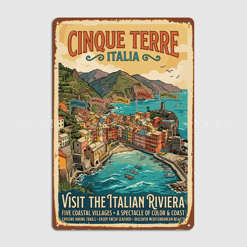 Cinque Terre Italian Riviera Travel Metal Custom Sign Living Room Wall Indoor Decor Room Decoration Bedroom Posters Home Decor