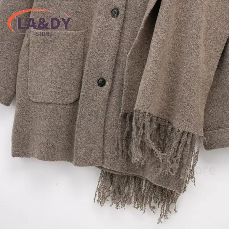 High Quality 2024 Winter Women Fashion Loose With Scarf Knit Jacket Coats Female Solid Color Casual Long Sleeve Pocket Outerwear