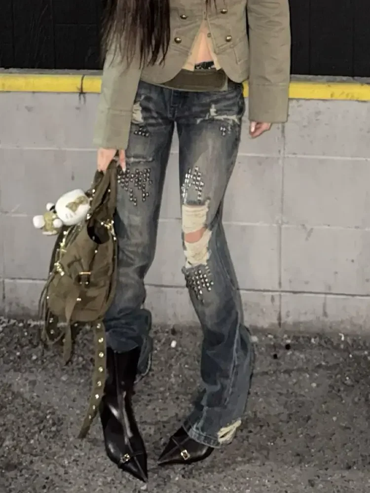 Women Vintage Ripped Y2k Jeans Streetwear American Retro Rivet Hole Design Denim Pants High Street Grunge Trousers Pantalones 6