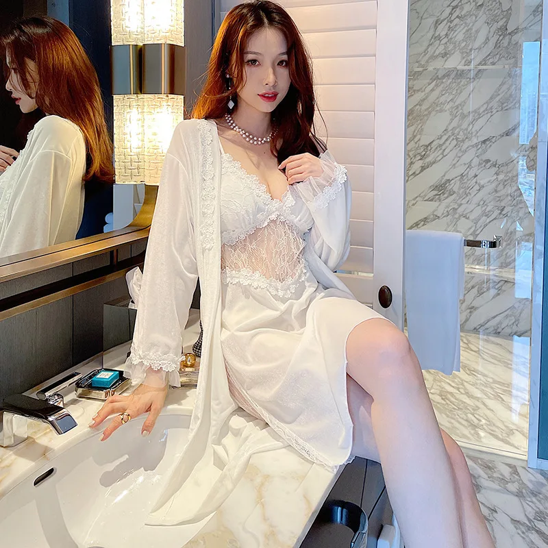 Sexy Velvet Pajamas for Women - Winter & Autumn Long Sleeve Robe and Lace Strap Nightgown - Comfortable Two-Piece Sleepwear