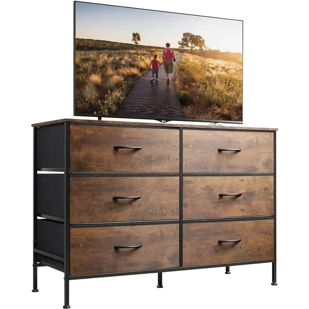

Wide Dresser with 6 Drawers, TV Stand for 50" TV, Entertainment Center with Metal Frame, Wooden Top