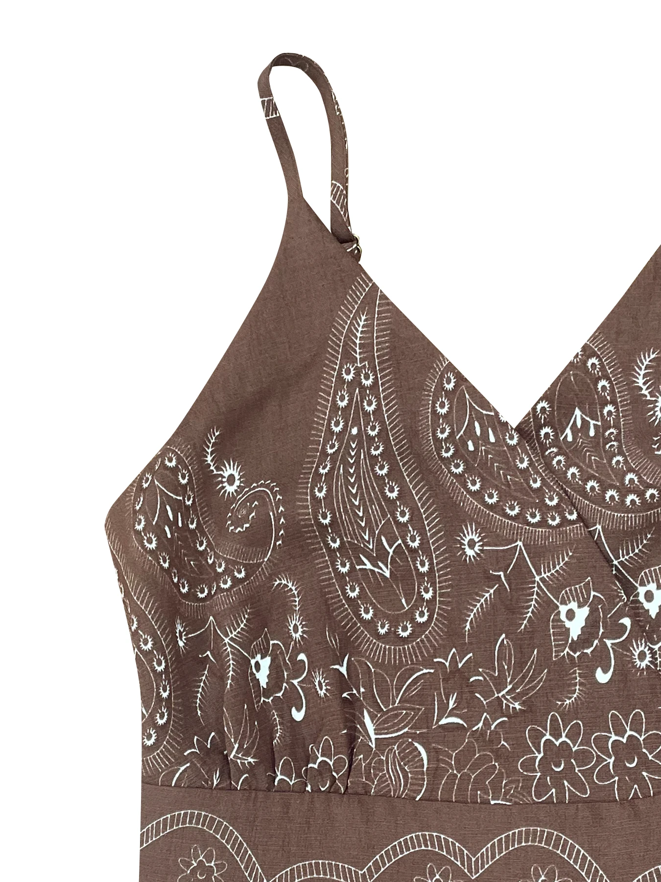 Damen Boho Paisley-Print Wickelkleid mit Spaghettiträgern, V-Ausschnitt und Stufenrüschen am Saum – Maxikleid für Sommer, Strand und Urlaub – Detail 4