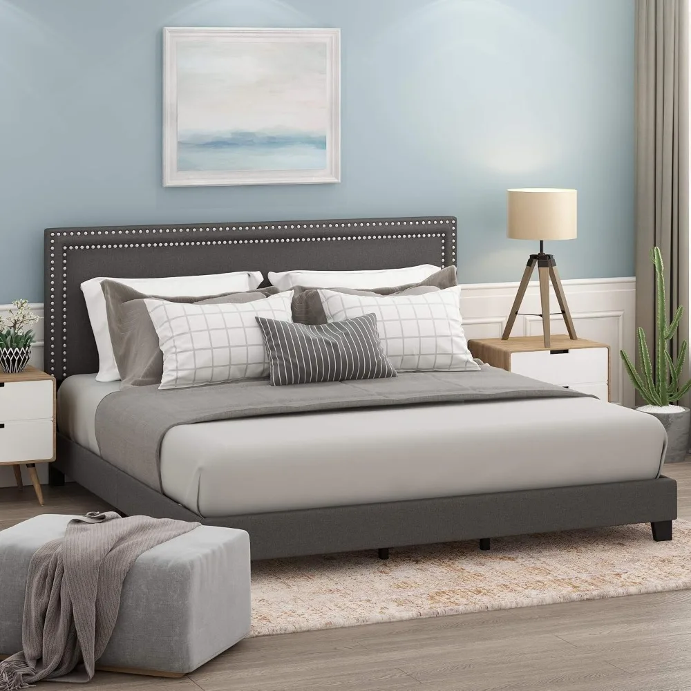 Laval Double Row Nail Head Upholstered Platform Bed Frame, King, Stone