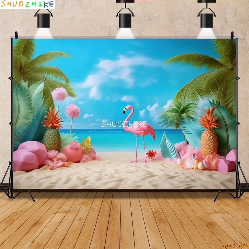 Vacanze tropicali Fenicottero Oceano Paesaggio Fondali Fotografia Prop Palme Spiaggia Turismo Festa di compleanno Sfondo fotografico HN-01