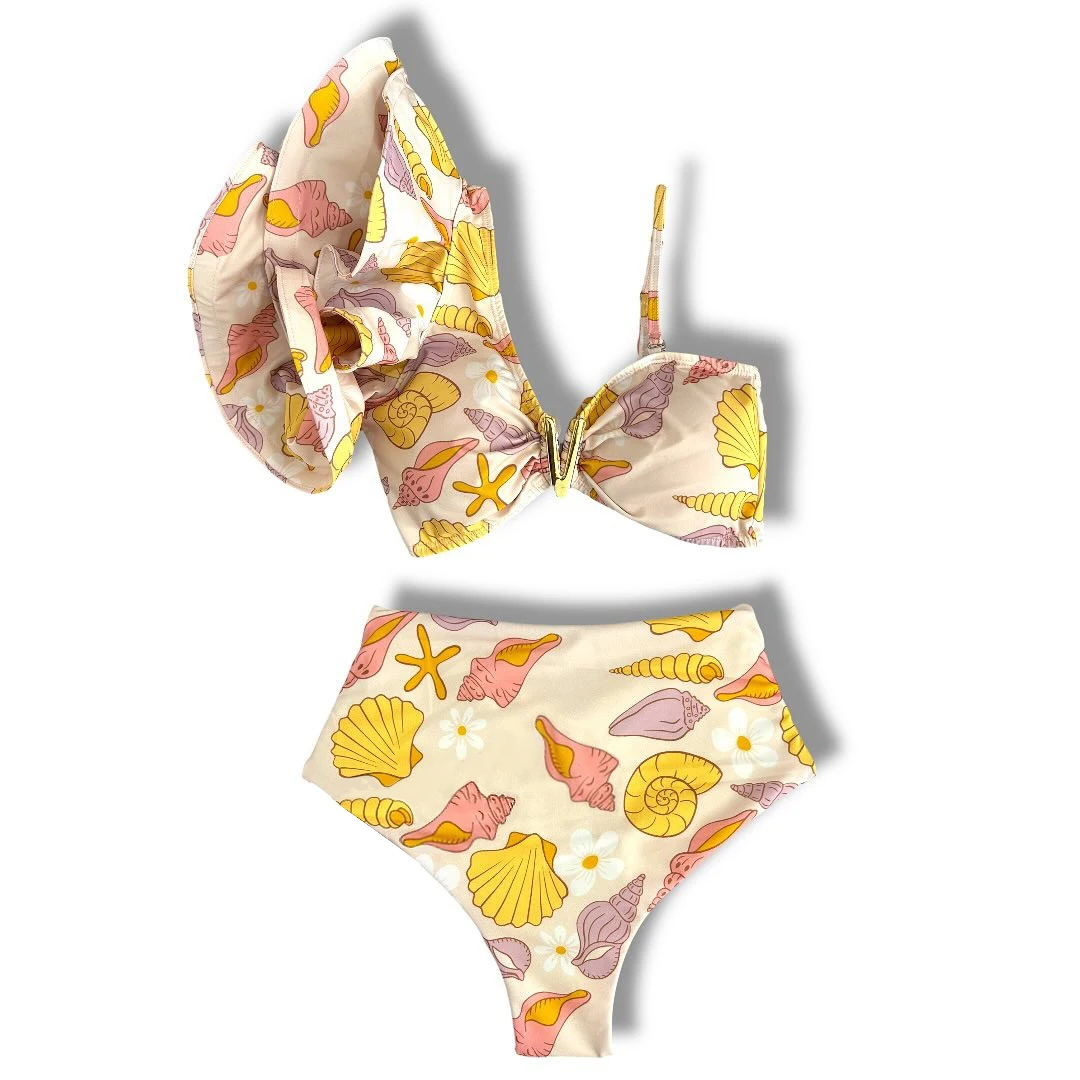 Sporlike V-Neck High Waist Bikini Sets Shoulder Ruffled Sexy Printed Swimsuit Two Pieces Swimwear Women 2025 Bathing Suits image 3
