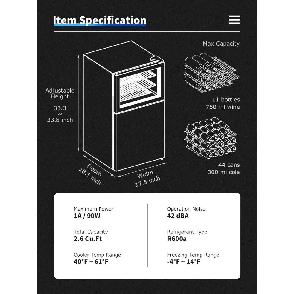 Wine Refrigerator with Freezer and Reversible Door, Dual Zone Temperature Control, Wine Cooler