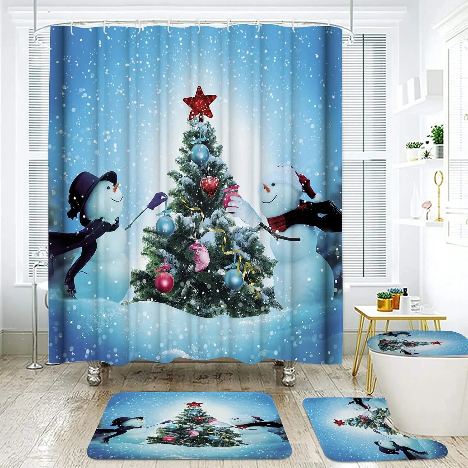 

4-Piece Christmas Shower Curtain Set,Winter Xmas Tree Interesting Snowman Christmas Shower Curtain Set with Rugs,Waterproof