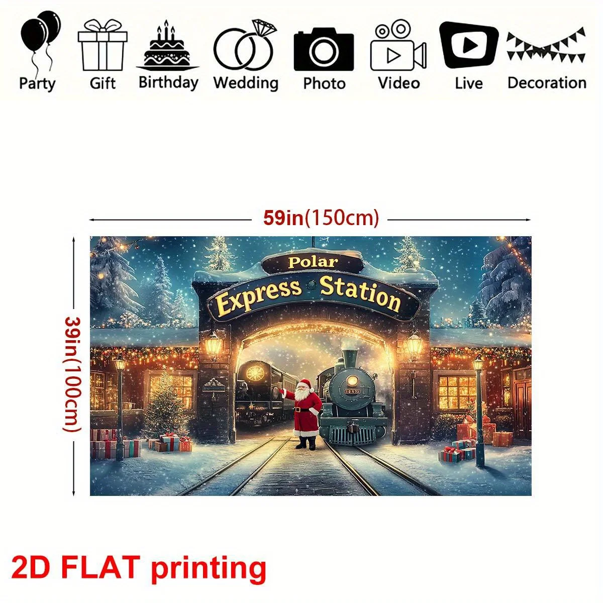 1 ديكور محطة عيد الميلاد Polar Express العتيقة - قماش خلفية وصول سانتا كلوز، نمط ندفة الثلج، بوليستر