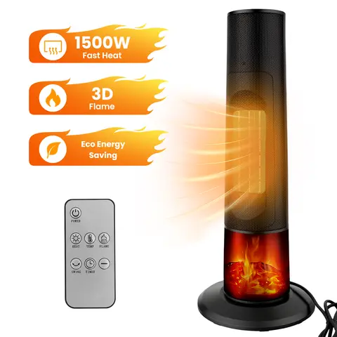 25 Inch Tower Space Heater Indoor 1500W PTC Ceramic Fast Heating with 3D Flame Effect Dual Power Settings 1-12H Timer Multiple Safety Protections For Bedroom Office Living Room