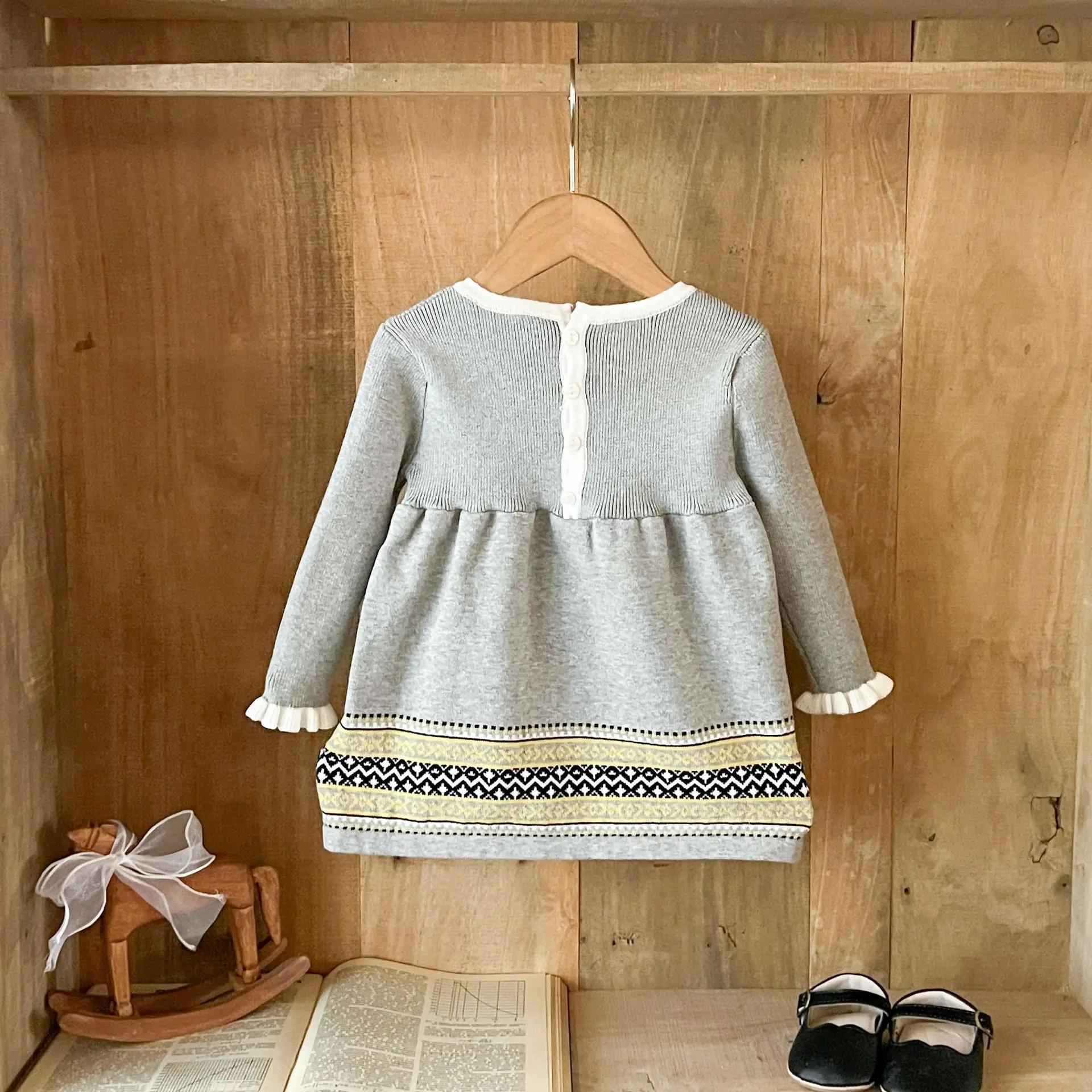 2026 New Autumn Baby Girls Knit Dress | Bow Jacquard Ruffled Sleeve Dress | Korean Princess Gown