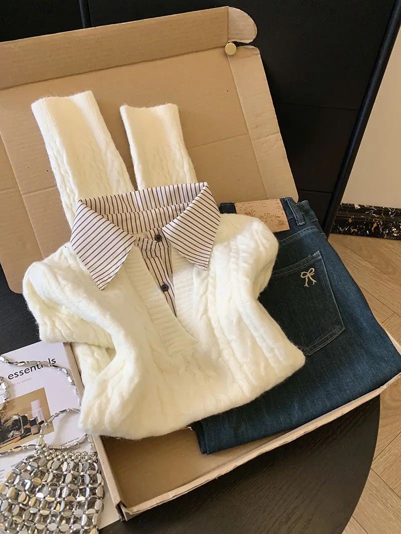 

Корейский вязаный топ с воротником и элементами пэчворка, женская весенняя внутренняя одежда, милый стиль, с высокой талией, длинными рукавами, в полоску