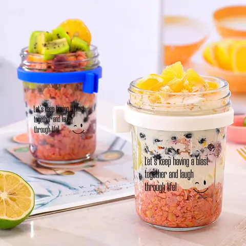 ओटमील कप, ग्लास ओट्स जार, ढक्कन और चम्मच के साथ नाश्ता कप, 12 औंस चौड़ा मुंह वाला दूध, फल सलाद, खाद्य भंडारण कंटेनर, रसोई गैजेट 8 best sales सलाद कंटेनर - №5