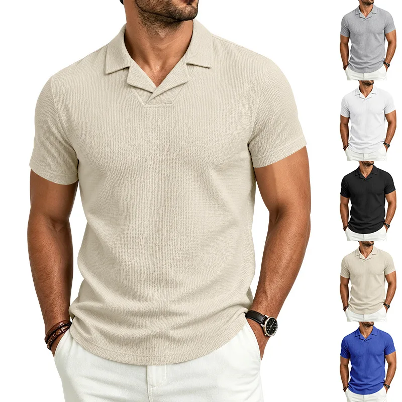 Men Waffle Knit V Notch Lapel Polo Shirt Solid Color Short Sleeve Summer Casual T-Shirt