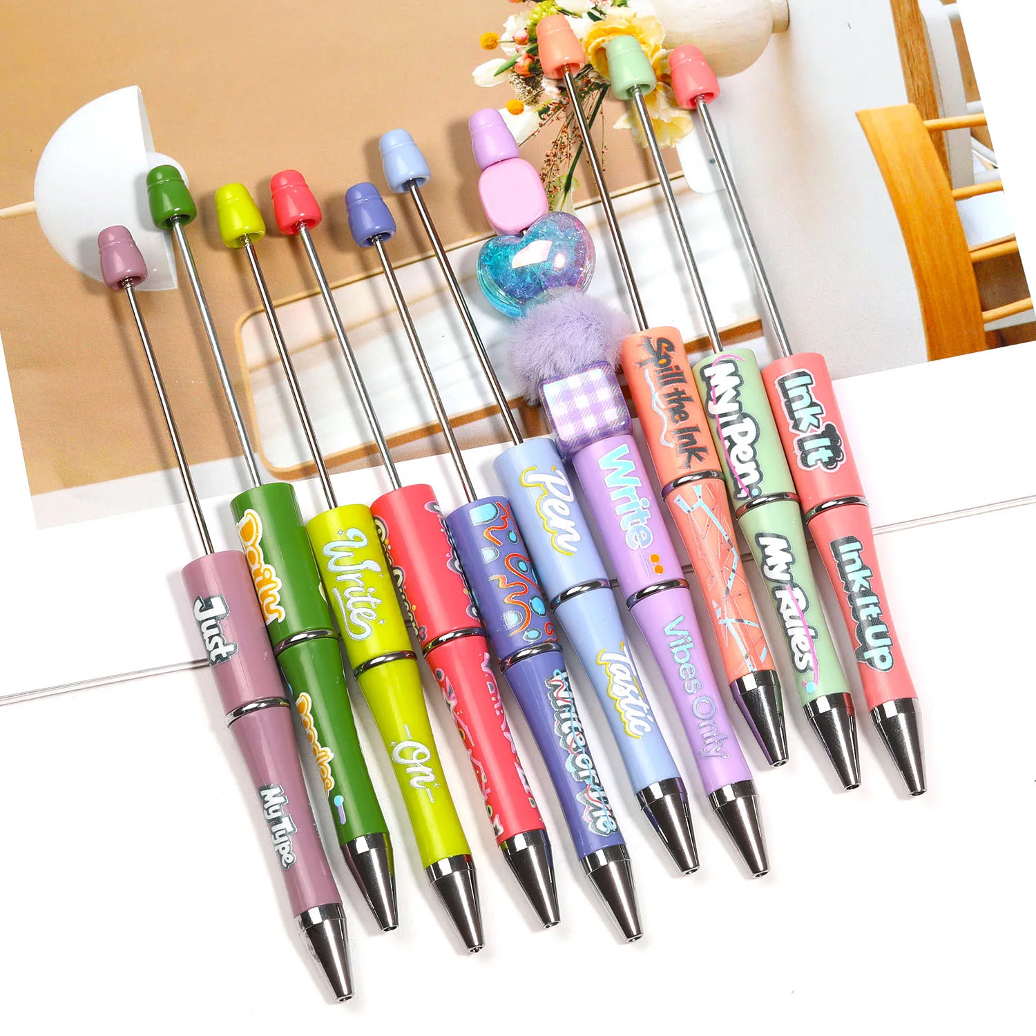 10Pc New Creative Beaded Pen Student Spinning Beadable Ballpoint Pen Acrylic Letter Bead Gift Pen School Tiktok Product Supplies