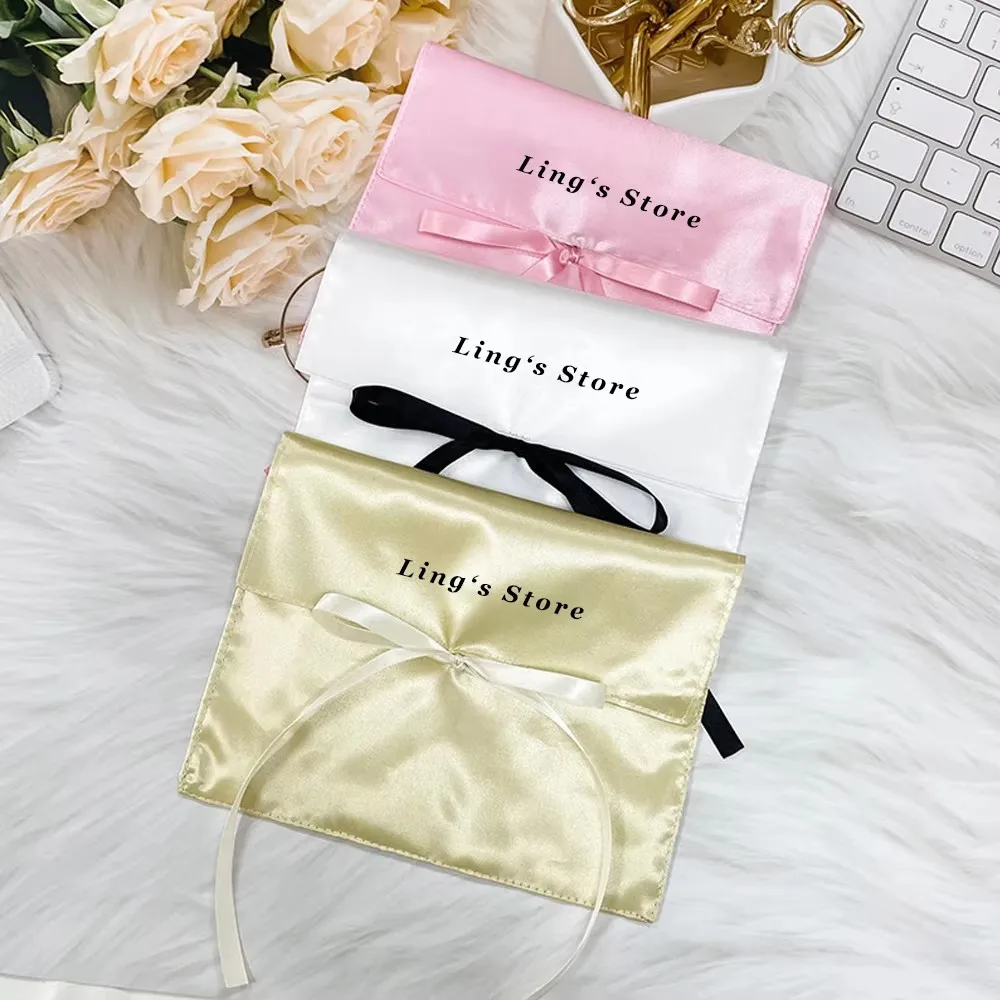 

500Pcs Highlight Custom Logo Jewelry Ribbon Envelope Bag Satin Robe Packaging Pouch Wedding Party Souvenir Cosmetic Organizer