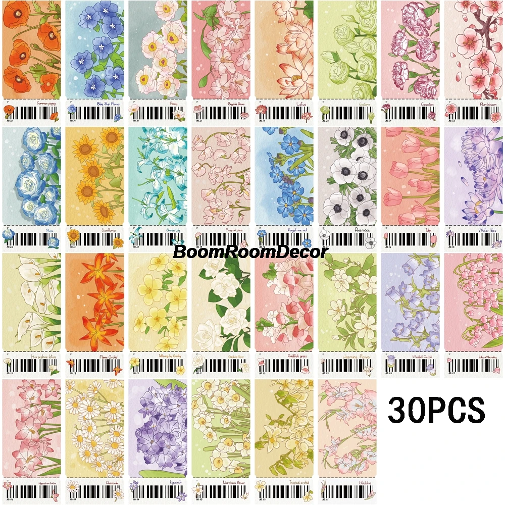 30PCS Hand drawn flower bookmark Painting Sticker Art Pictures Reading Creative For Living Card Pages Stationery Decoration