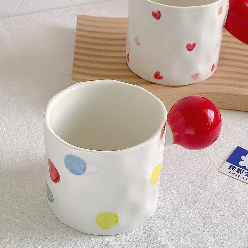 Cute Ins Style Love Polka Dot Ball Handle Ceramic Irregular Mug Couple Ceramic Water Coffee Breakfast Cup White and Red Mug