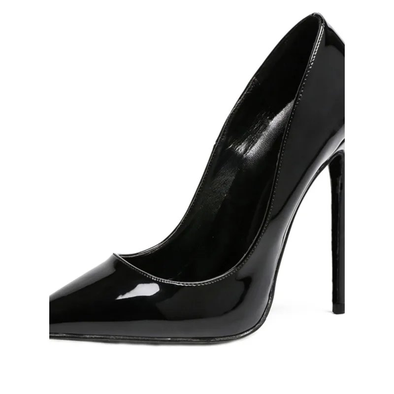 

Классические черные модные туфли из лакированной кожи на высоком каблуке с острым носком, 12 см, супер яркие одиночные туфли больших размеров