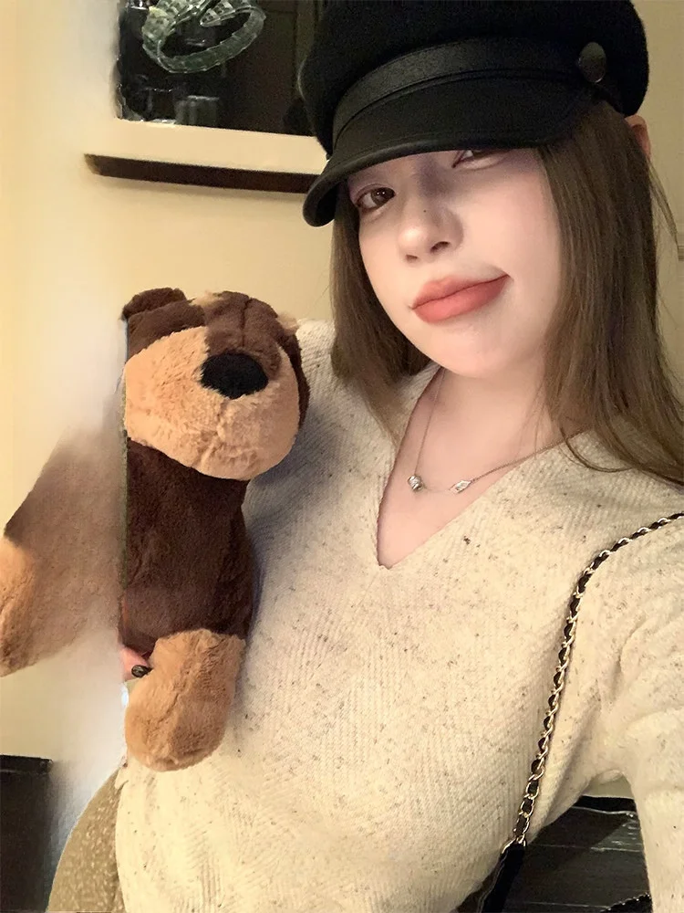 

Women's Woolen Long Sve Base irt V-Ne Slimming Knitted Top Spring Autumn Design Korean Sle Comfortable Medium Softn