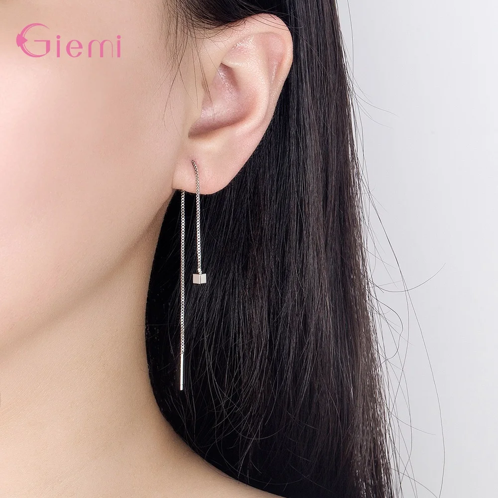 Solid 925 Sterling Silver New Fashion Women Jewelry Simple Geometric Long Box Chain Thread Earrings for Party Accessory