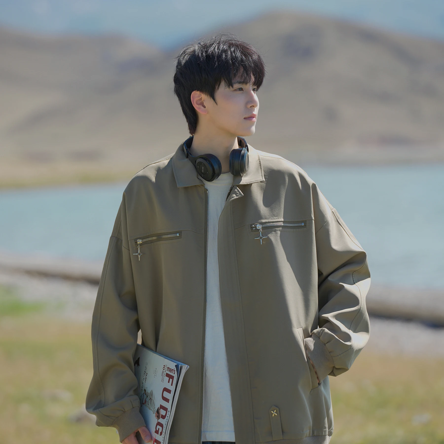 

Casual Loose Fit Collared Jaet for Men Spring Autumn Workwear Sle Trendy Outerwear Youthful ular Pure Color Zipper Clo...