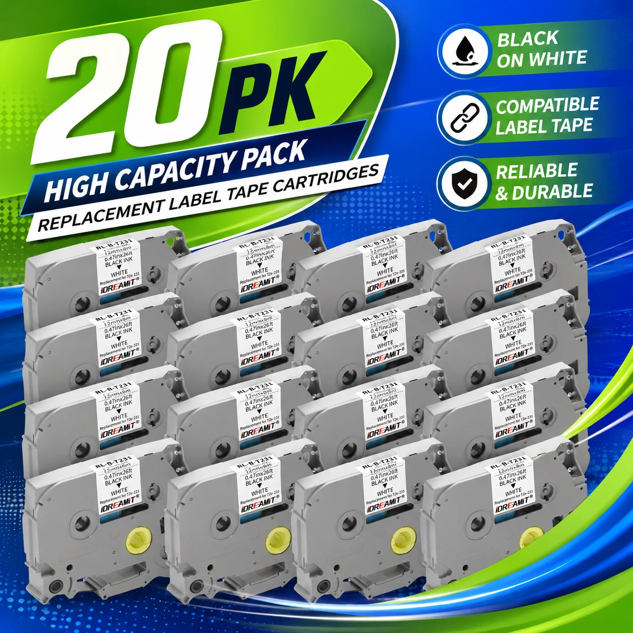 20er-Pack TZe-231 Etikettenband 12 mm x 8 m, schwarz auf weiß, laminiert, wasserfest, Nachfüllpackungen, kompatibel mit Brother P-Touch PT-D210 PT-D220 PT-H110, stark klebend für die