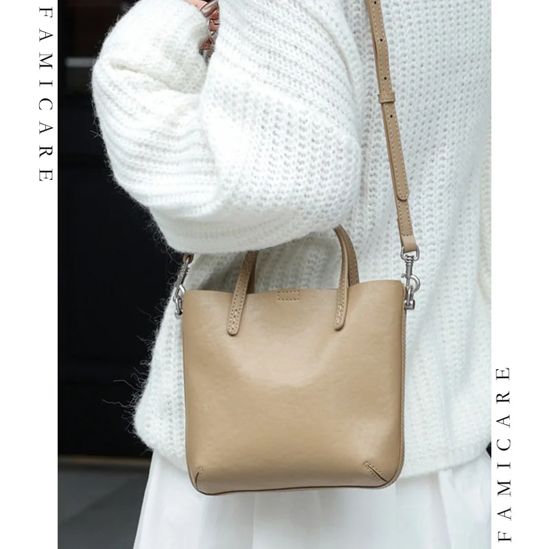 Genuine Leather Minimalist Mini Tote Bag Women Timeless Solid Color Crossbody Bags Lady Casual Multi-functional Shoulder Bag