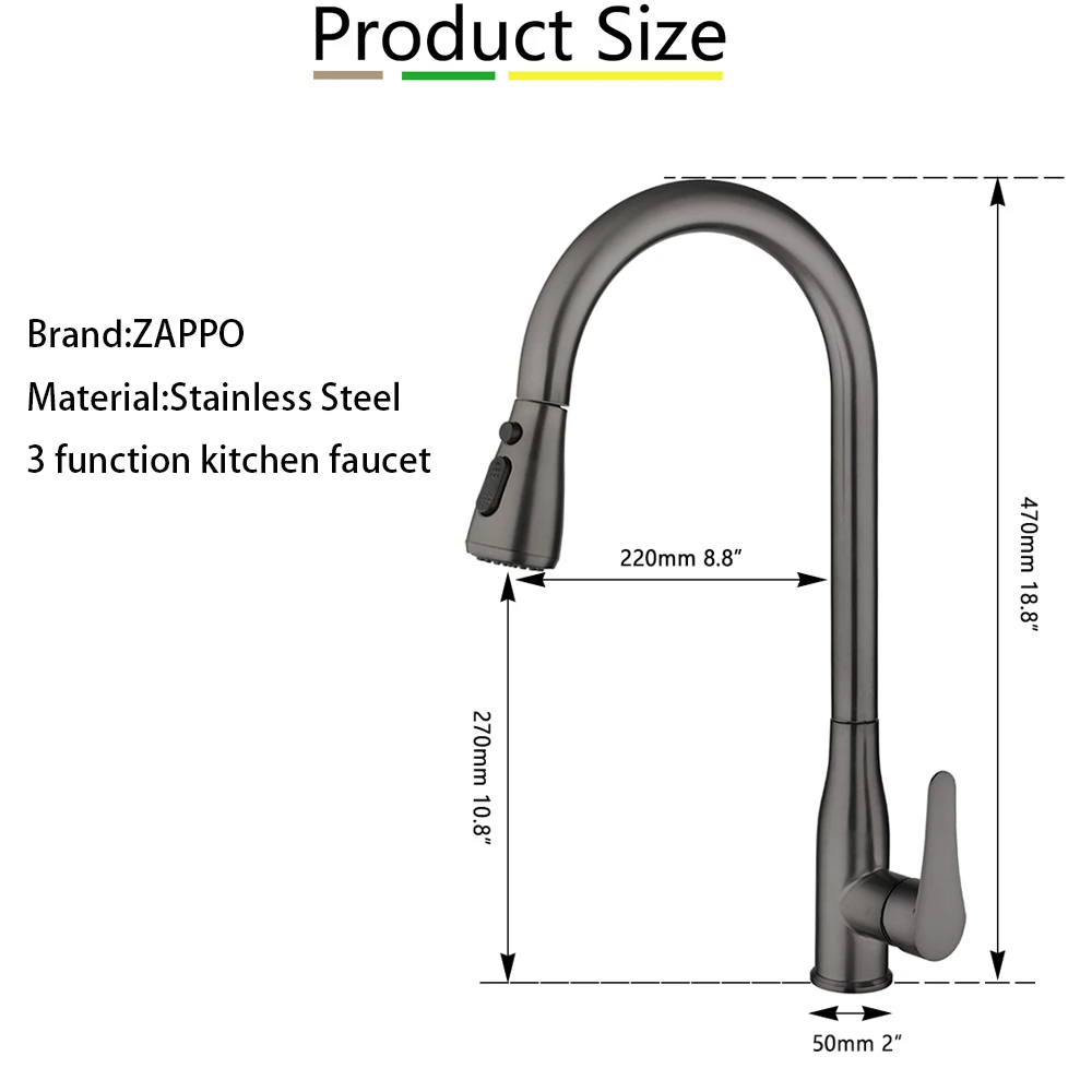 ZAPPO Grey Kitchen Faucets Pull Out  360 Swivel Kitchen Sink Faucet 3 WaysSprayer Hot Cold Water Mixer Taps Deck Mounted